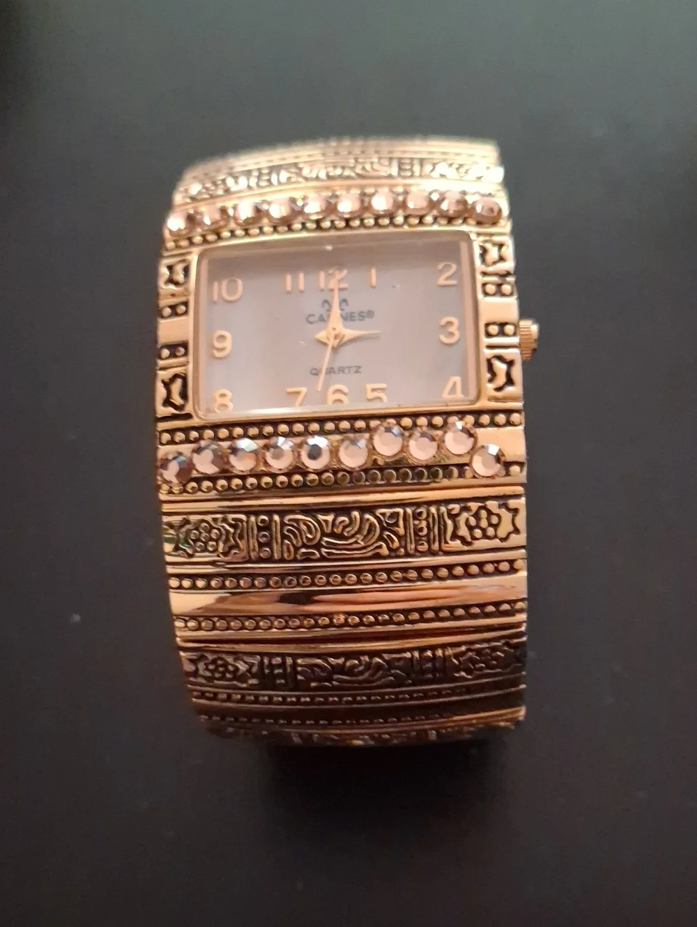 Source Unknown Gold-Tone Cuff Watch with Clear Crystal Accents